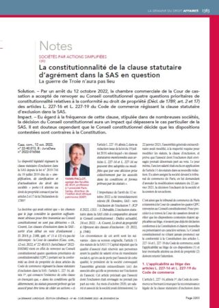 La constitutionnalité de la clause statutaire d’agrément dans la SAS en question, La Semaine Juridique n° 48 – 5 décembre 2022